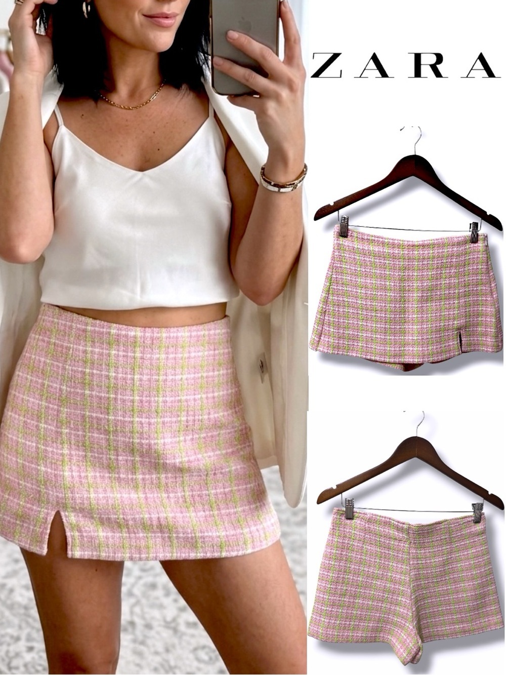 ZARA | NWOT Morocco Cotton Pink Green Plaid Tweed Side Zip Mini Skirt Shorts (S)